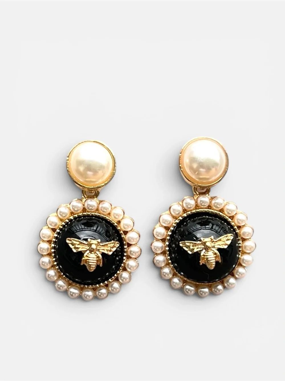 Gold Tone Pearl Black Bee Drop Earrings